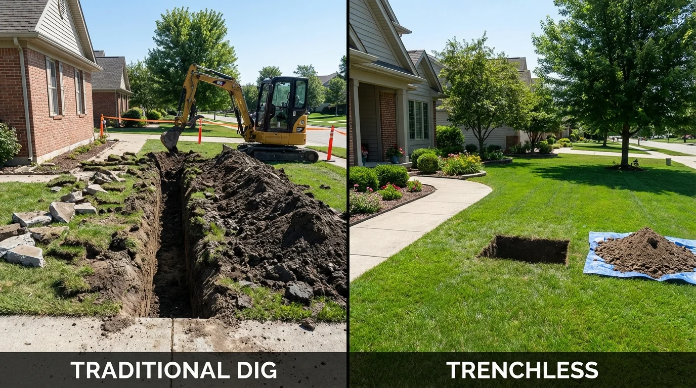 Trenchless sewer repair with minimal yard damage versus traditional excavation in Oblong, IL