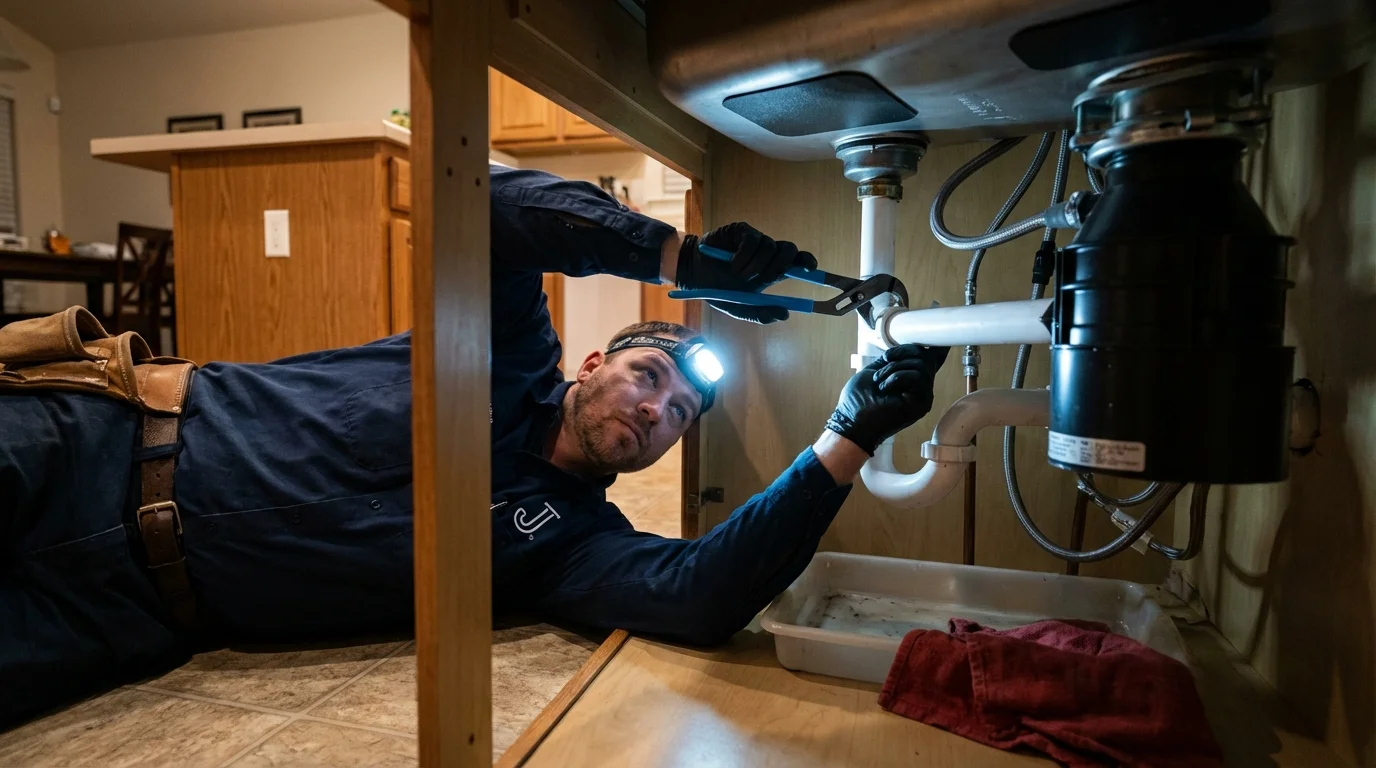 P-trap and supply line connections under a kitchen sink showing a common leak point in Oblong, IL